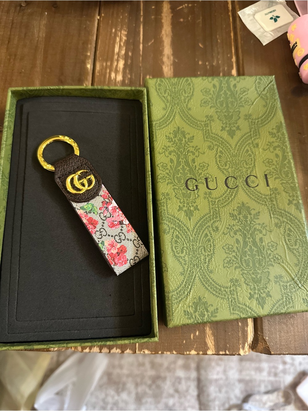 Source Unknown Pink Floral GG Canvas Key & Card Holder with Gold Hardware